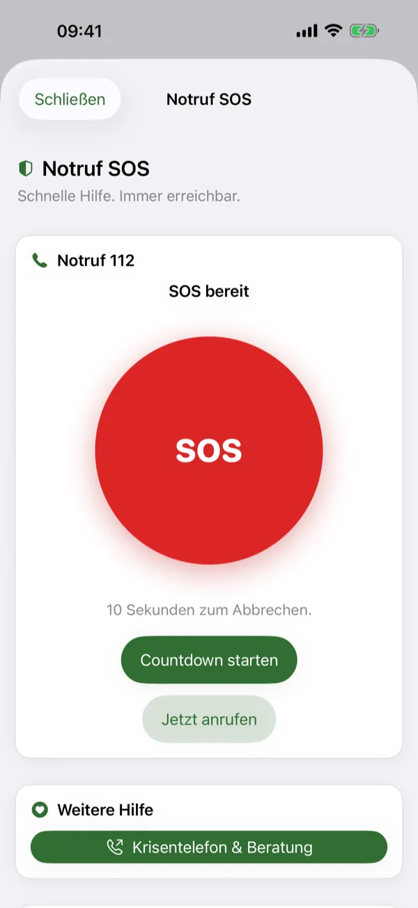 Notruf: großer roter SOS-Knopf, der einen Anruf bei der 112 startet