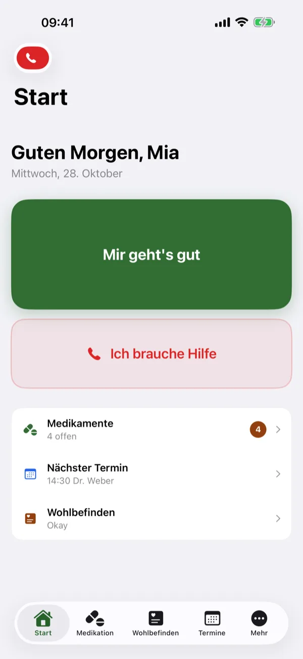 Startbildschirm von Curaria: Begrüßung, grüner Knopf „Mir geht's gut“, Knopf „Ich brauche Hilfe“ und eine Übersicht über Medikamente, Termine und Wohlbefinden