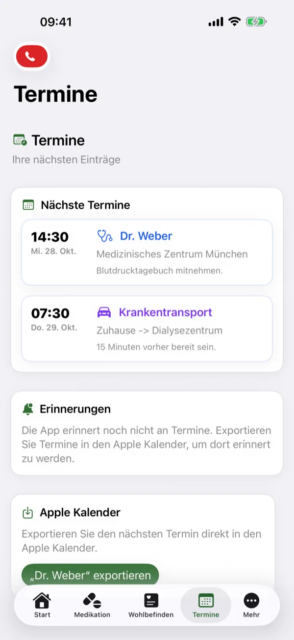 Termine: die nächsten Arzttermine und der Export in den Apple Kalender