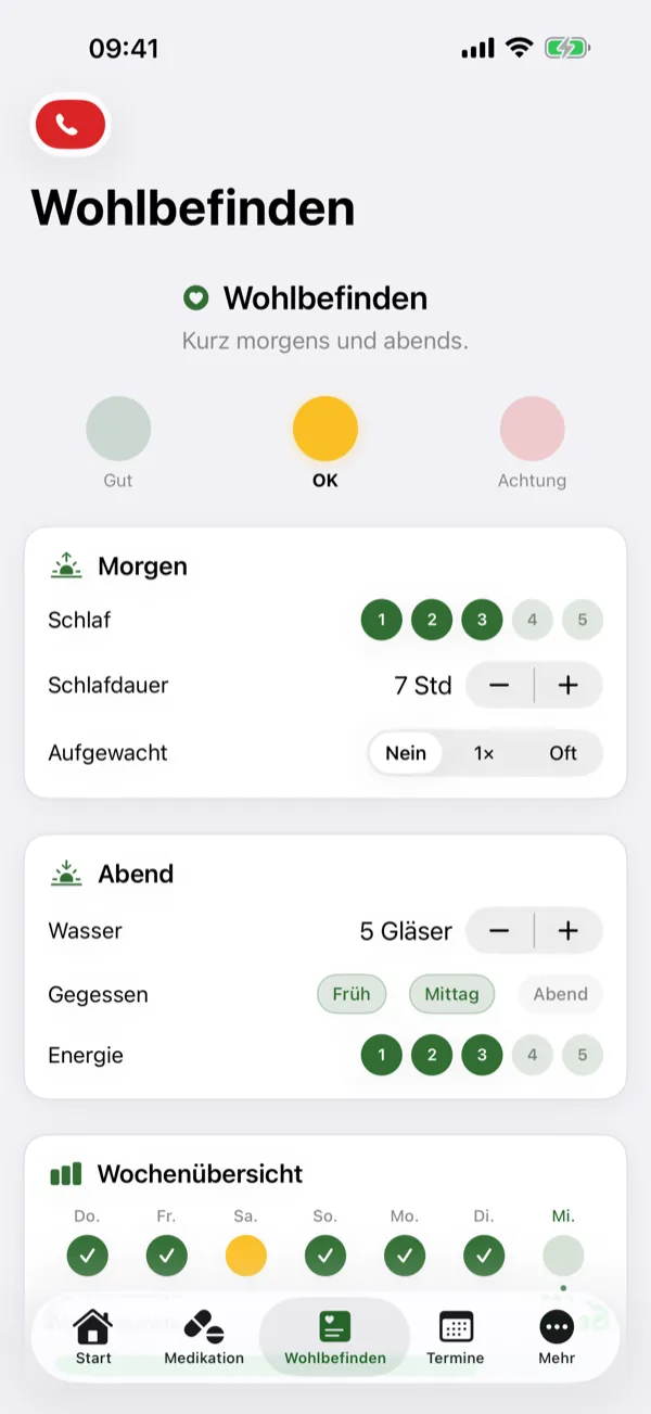 Wohlbefinden: Schlaf, Wasser, Essen und Energie mit wenigen Tipps notieren, dazu eine Wochenübersicht